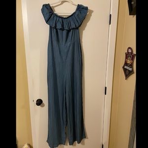 Denim off the shoulder jumpsuit